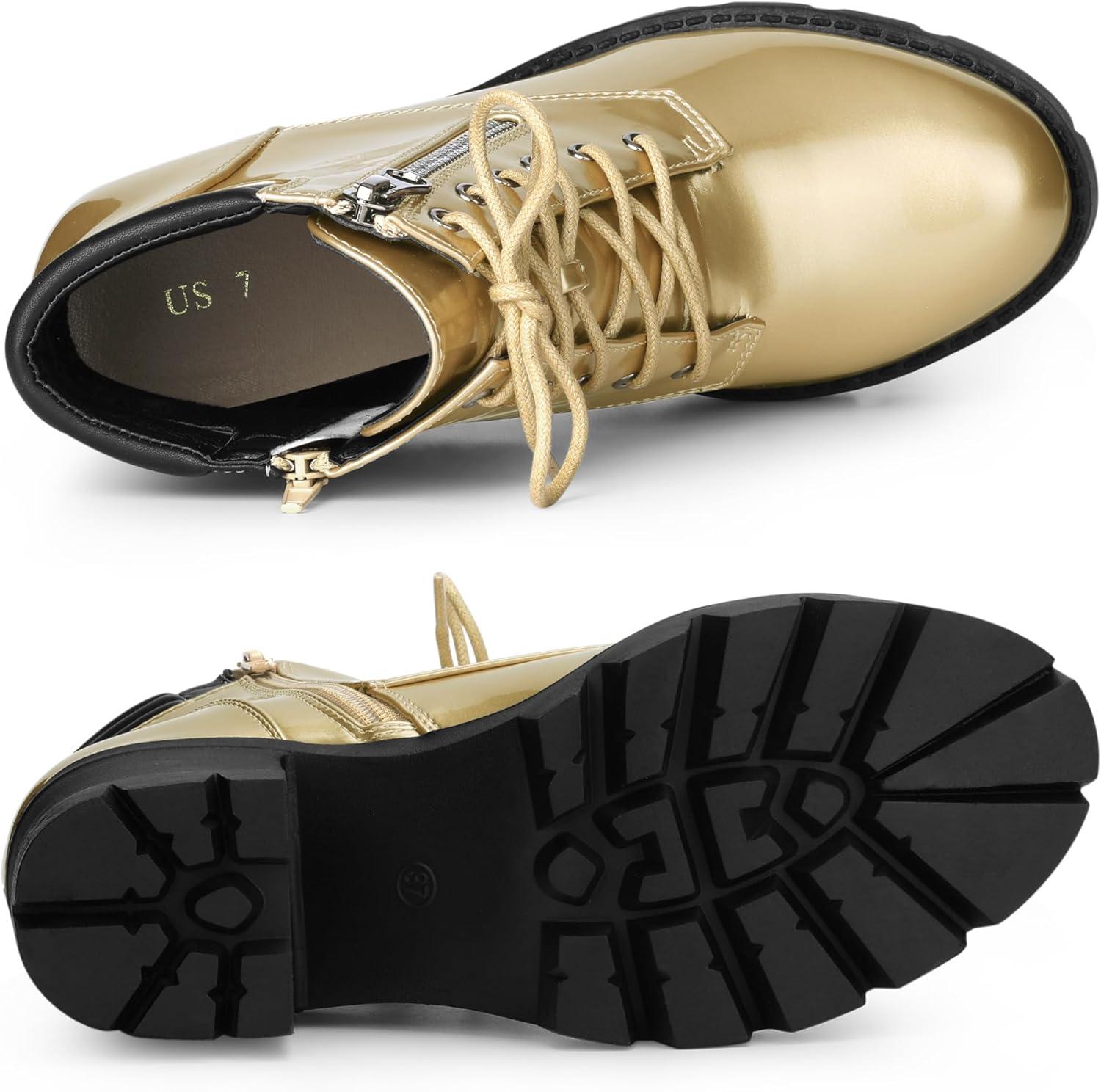 imageAllegra K Womens Round Toe Chunky Heel Lace Up Zipper Combat BootsGold