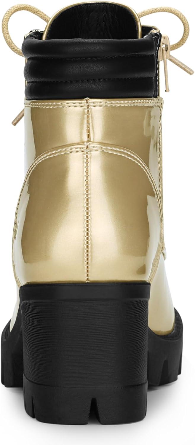 imageAllegra K Womens Round Toe Chunky Heel Lace Up Zipper Combat BootsGold