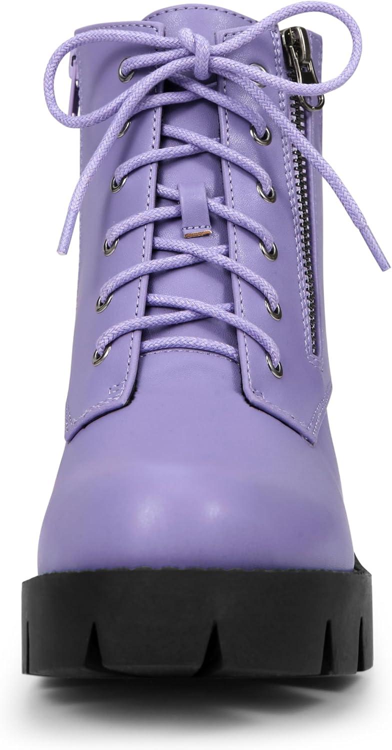 imageAllegra K Womens Round Toe Chunky Heel Lace Up Zipper Combat BootsLight Purple