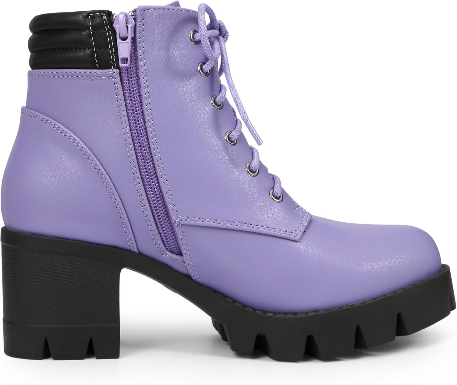 imageAllegra K Womens Round Toe Chunky Heel Lace Up Zipper Combat BootsLight Purple