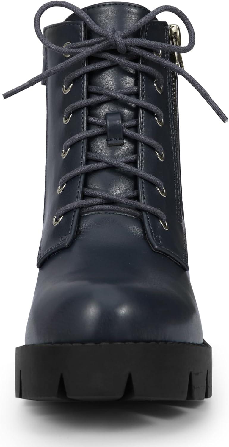 imageAllegra K Womens Round Toe Chunky Heel Lace Up Zipper Combat BootsNavy Blue