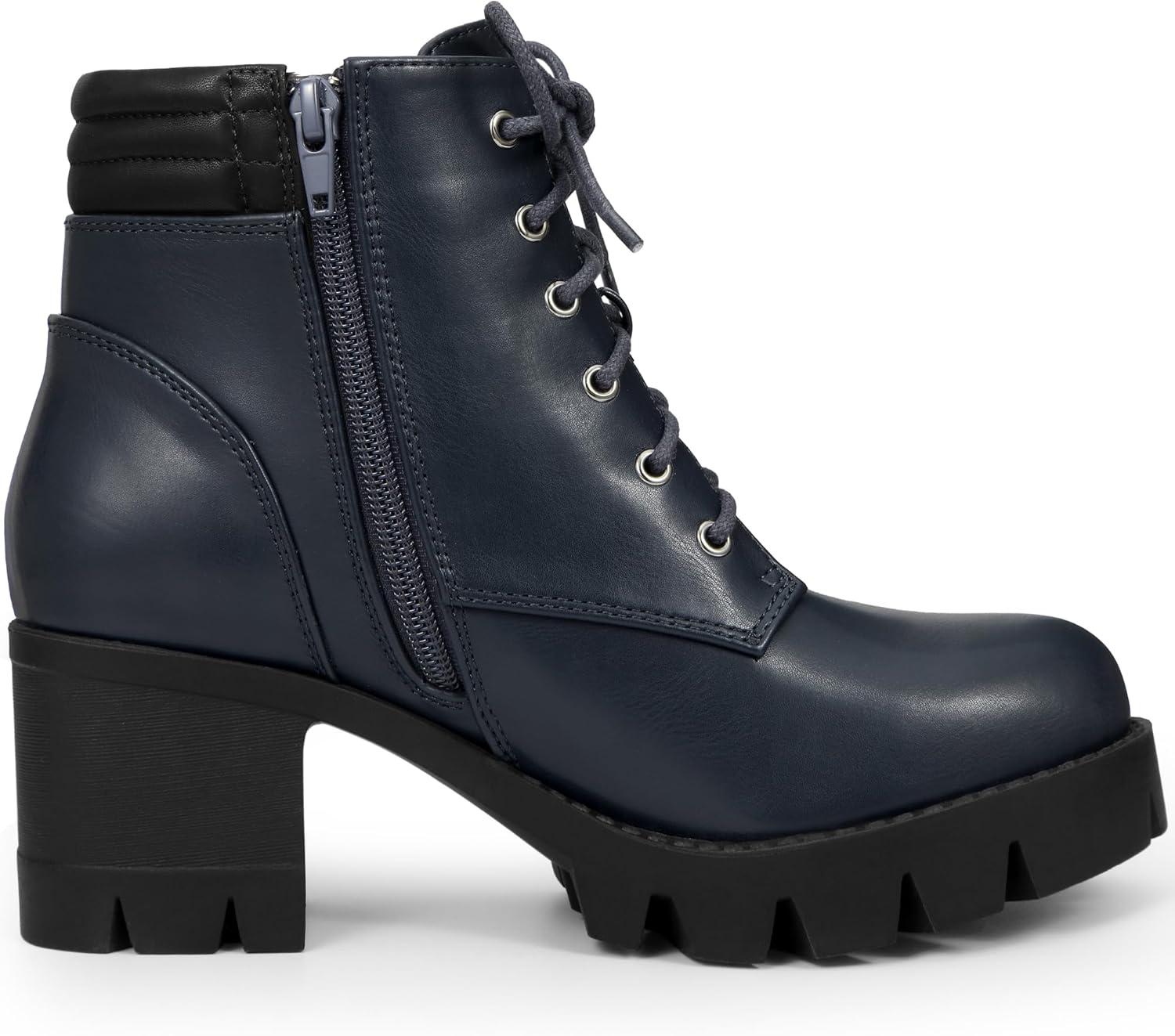 imageAllegra K Womens Round Toe Chunky Heel Lace Up Zipper Combat BootsNavy Blue