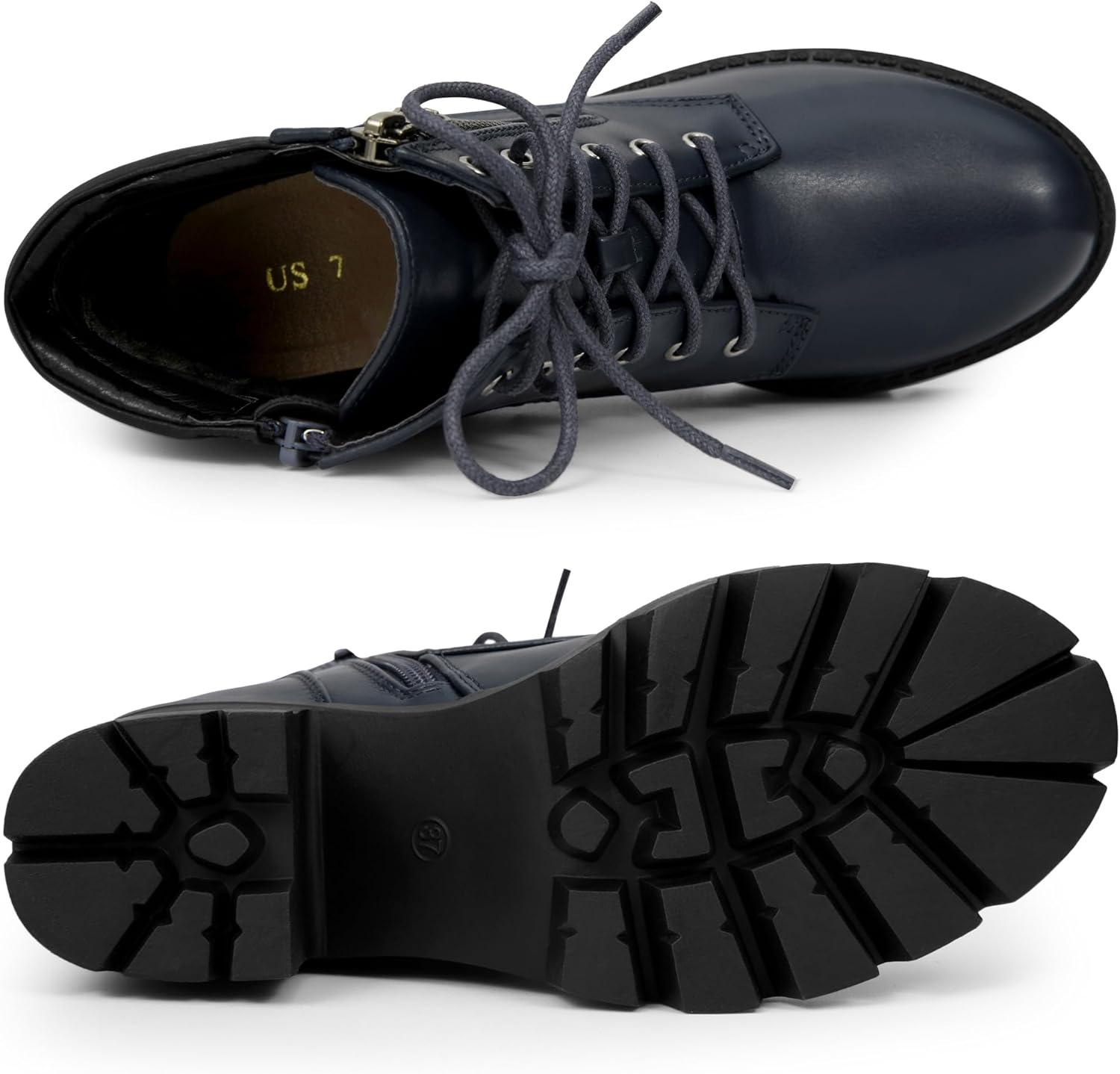 imageAllegra K Womens Round Toe Chunky Heel Lace Up Zipper Combat BootsNavy Blue