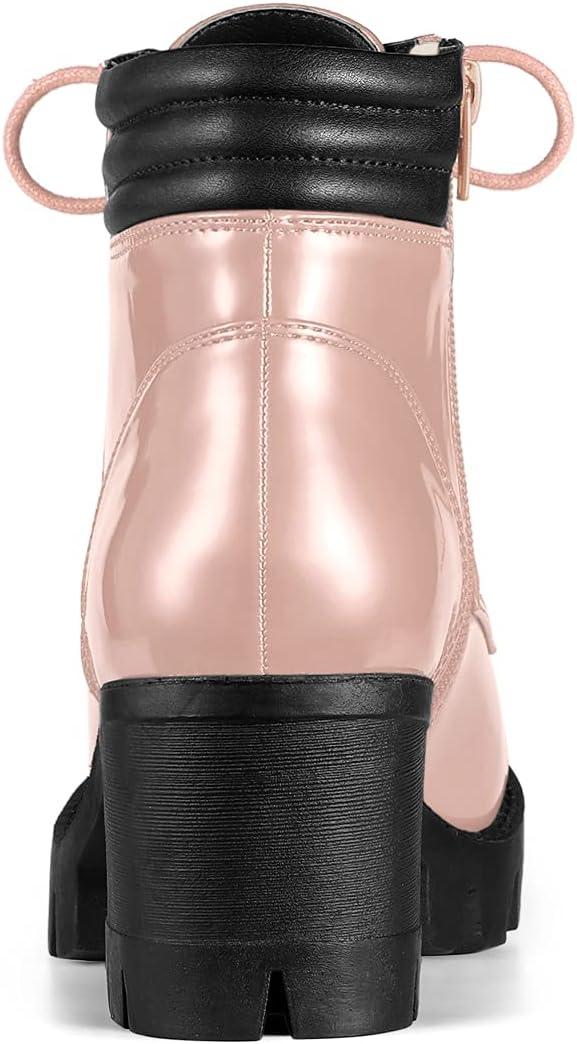 imageAllegra K Womens Round Toe Chunky Heel Lace Up Zipper Combat BootsPink