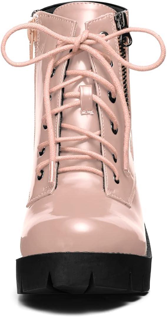 imageAllegra K Womens Round Toe Chunky Heel Lace Up Zipper Combat BootsPink