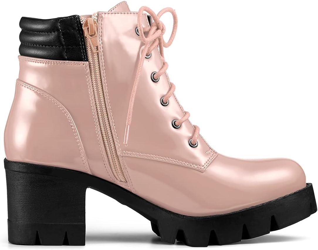 imageAllegra K Womens Round Toe Chunky Heel Lace Up Zipper Combat BootsPink