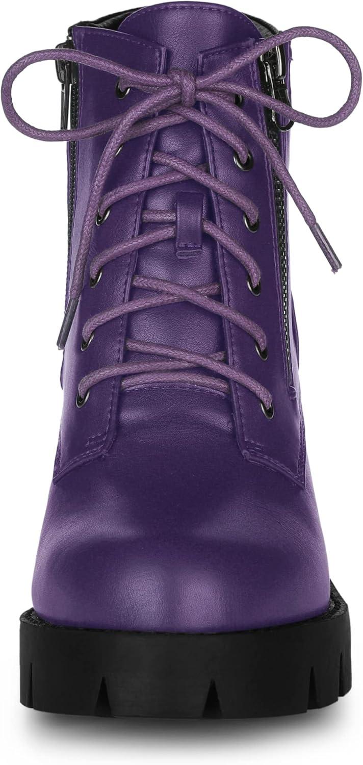 imageAllegra K Womens Round Toe Chunky Heel Lace Up Zipper Combat BootsPurple