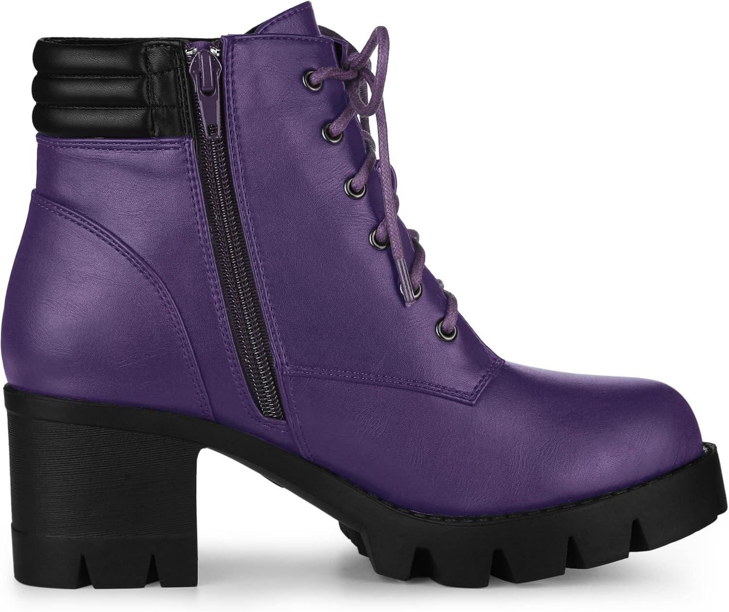 imageAllegra K Womens Round Toe Chunky Heel Lace Up Zipper Combat BootsPurple