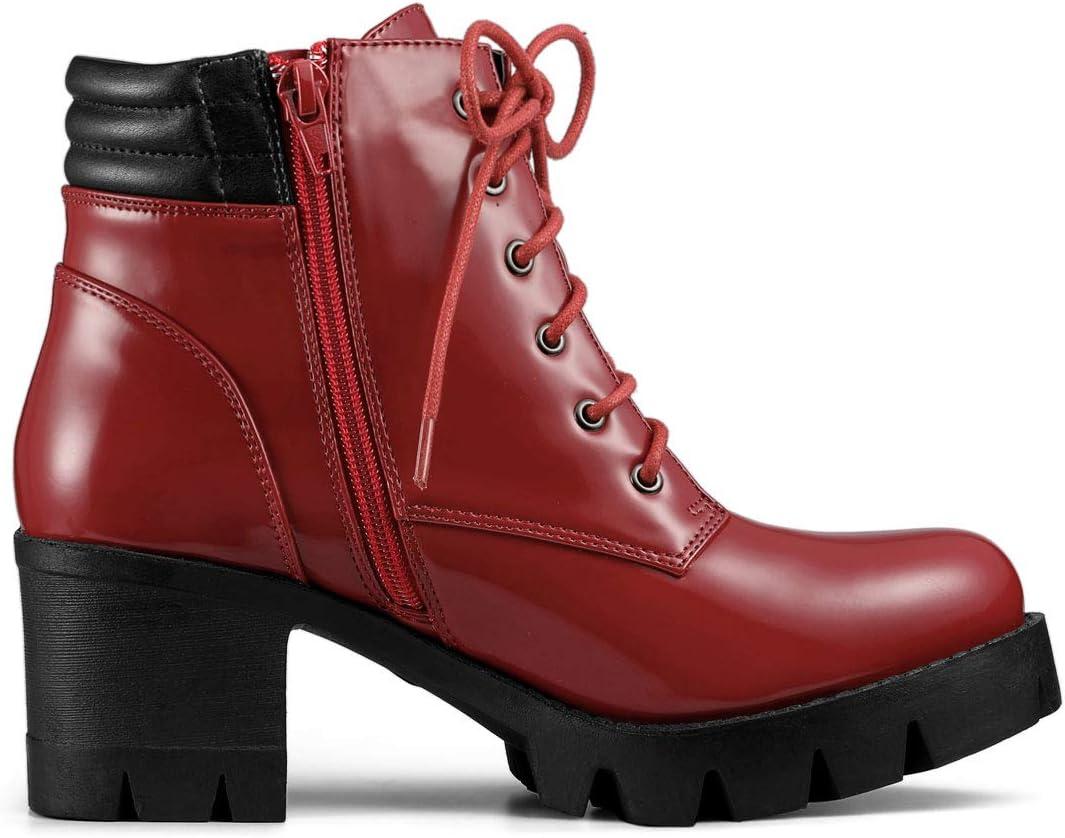 imageAllegra K Womens Round Toe Chunky Heel Lace Up Zipper Combat BootsRed