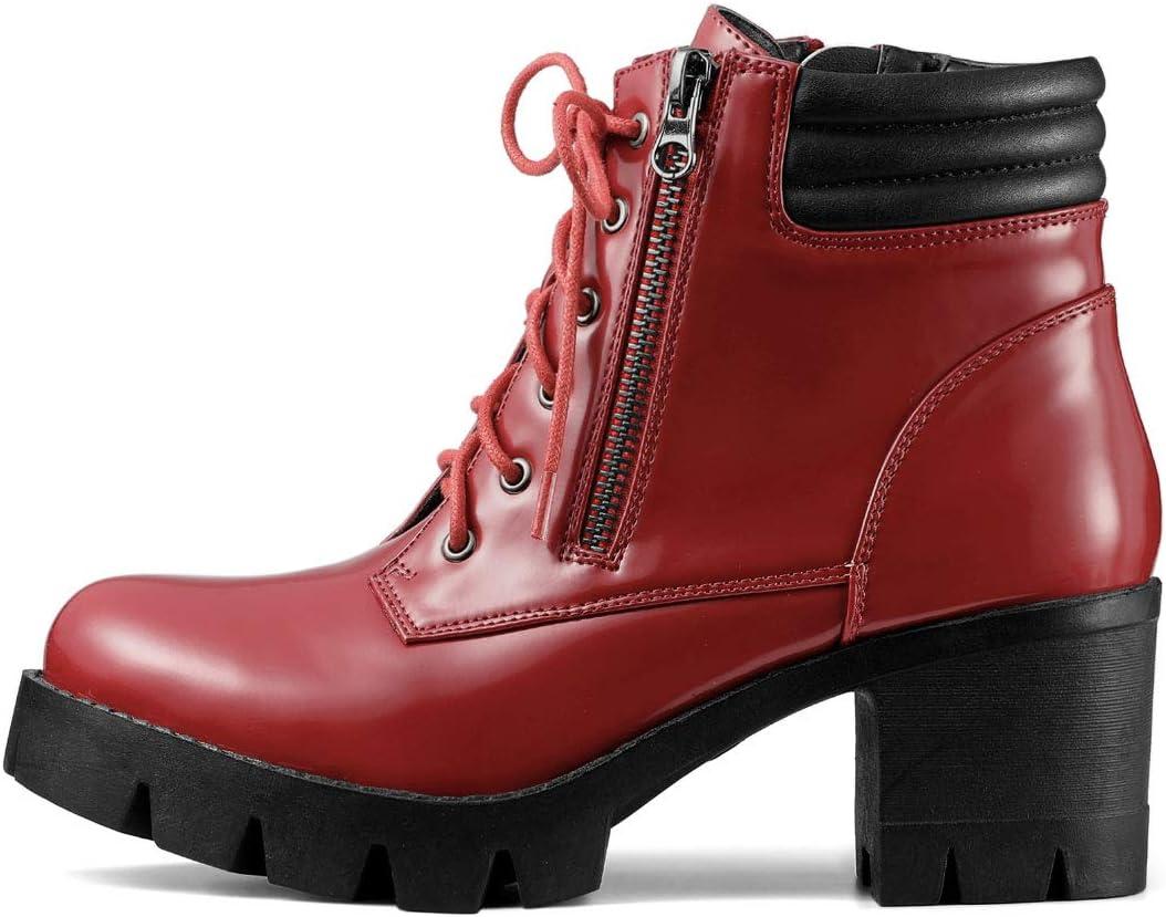 imageAllegra K Womens Round Toe Chunky Heel Lace Up Zipper Combat BootsRed