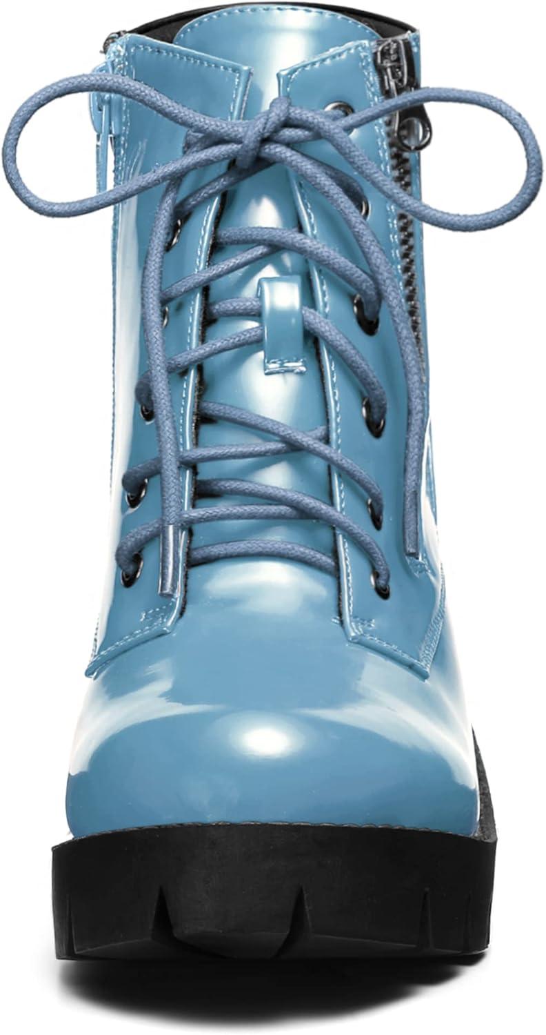 imageAllegra K Womens Round Toe Chunky Heel Lace Up Zipper Combat BootsSky Blue