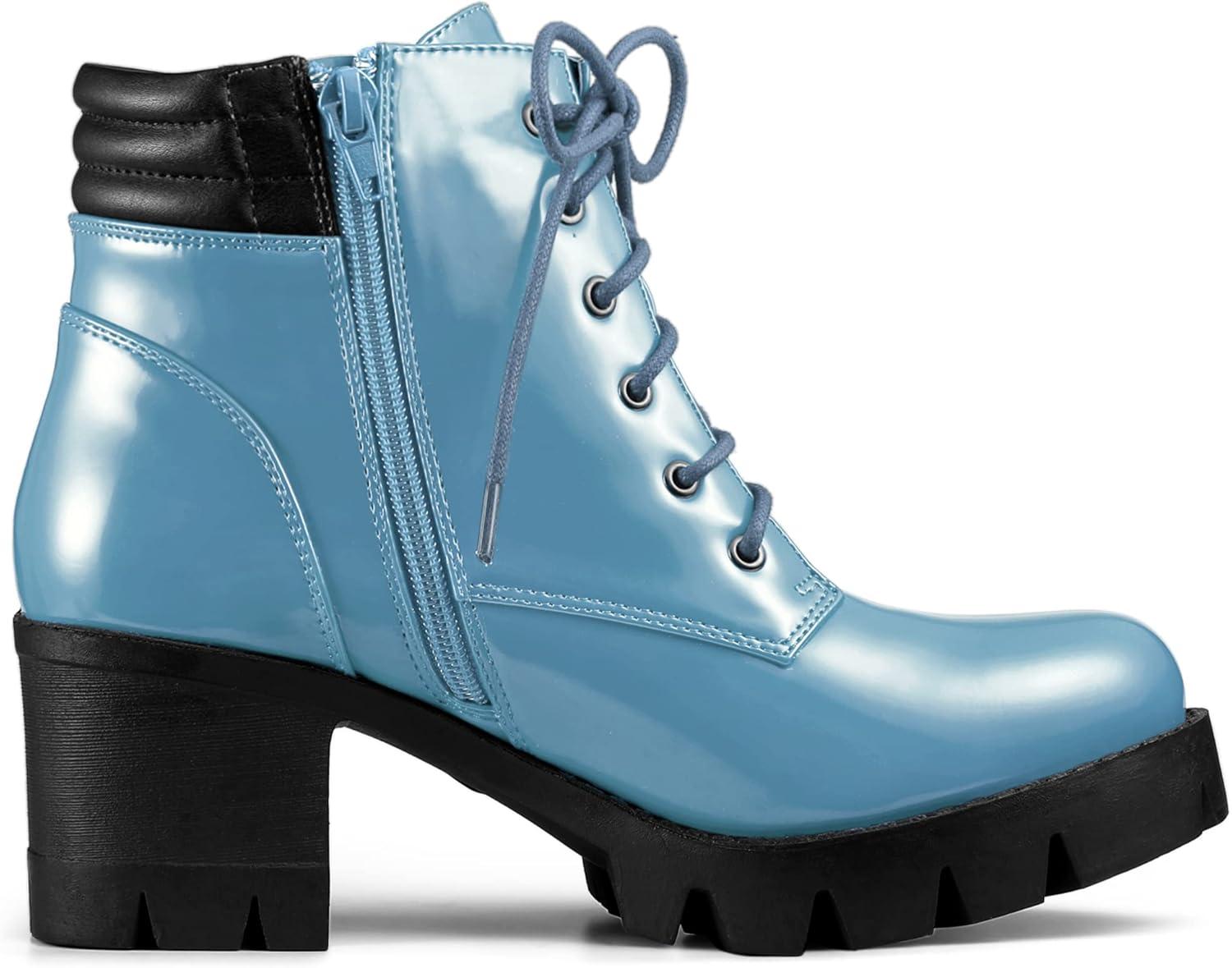 imageAllegra K Womens Round Toe Chunky Heel Lace Up Zipper Combat BootsSky Blue
