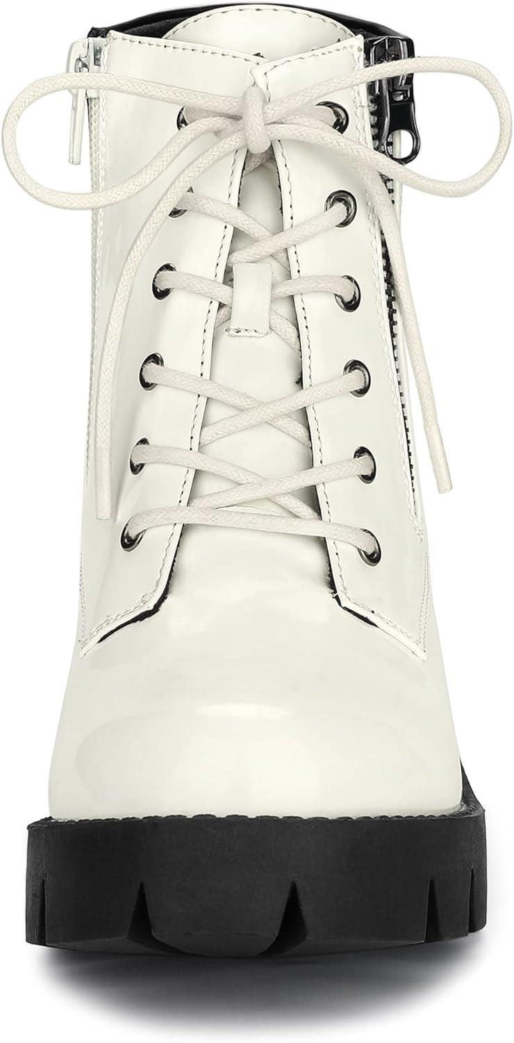 imageAllegra K Womens Round Toe Chunky Heel Lace Up Zipper Combat BootsWhite