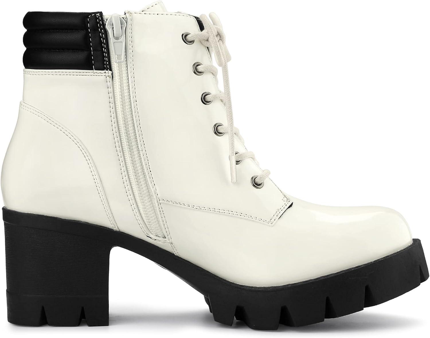 imageAllegra K Womens Round Toe Chunky Heel Lace Up Zipper Combat BootsWhite