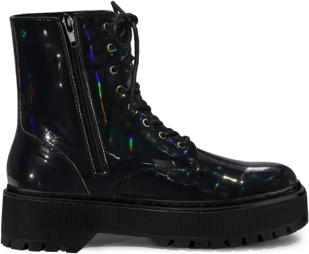 imageAllegra K Womens Round Toe Platform Lace Up Colorful Combat Ankle BootsBlack