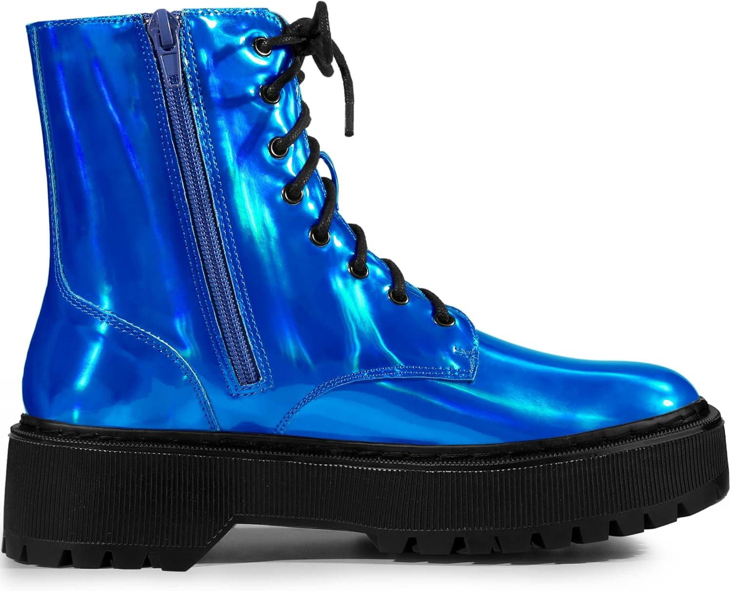 imageAllegra K Womens Round Toe Platform Lace Up Colorful Combat Ankle BootsBlue