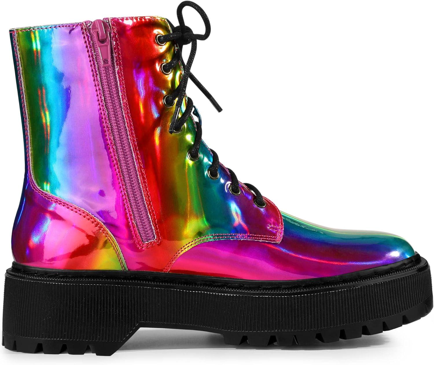 imageAllegra K Womens Round Toe Platform Lace Up Colorful Combat Ankle BootsColorful