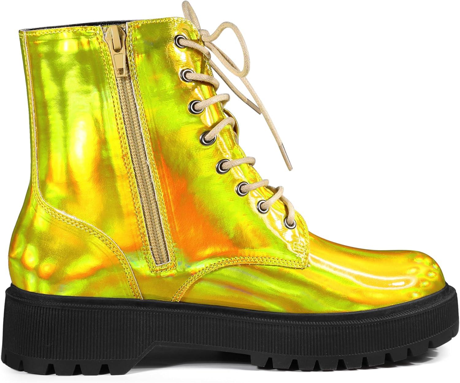 imageAllegra K Womens Round Toe Platform Lace Up Colorful Combat Ankle BootsGold Yellow