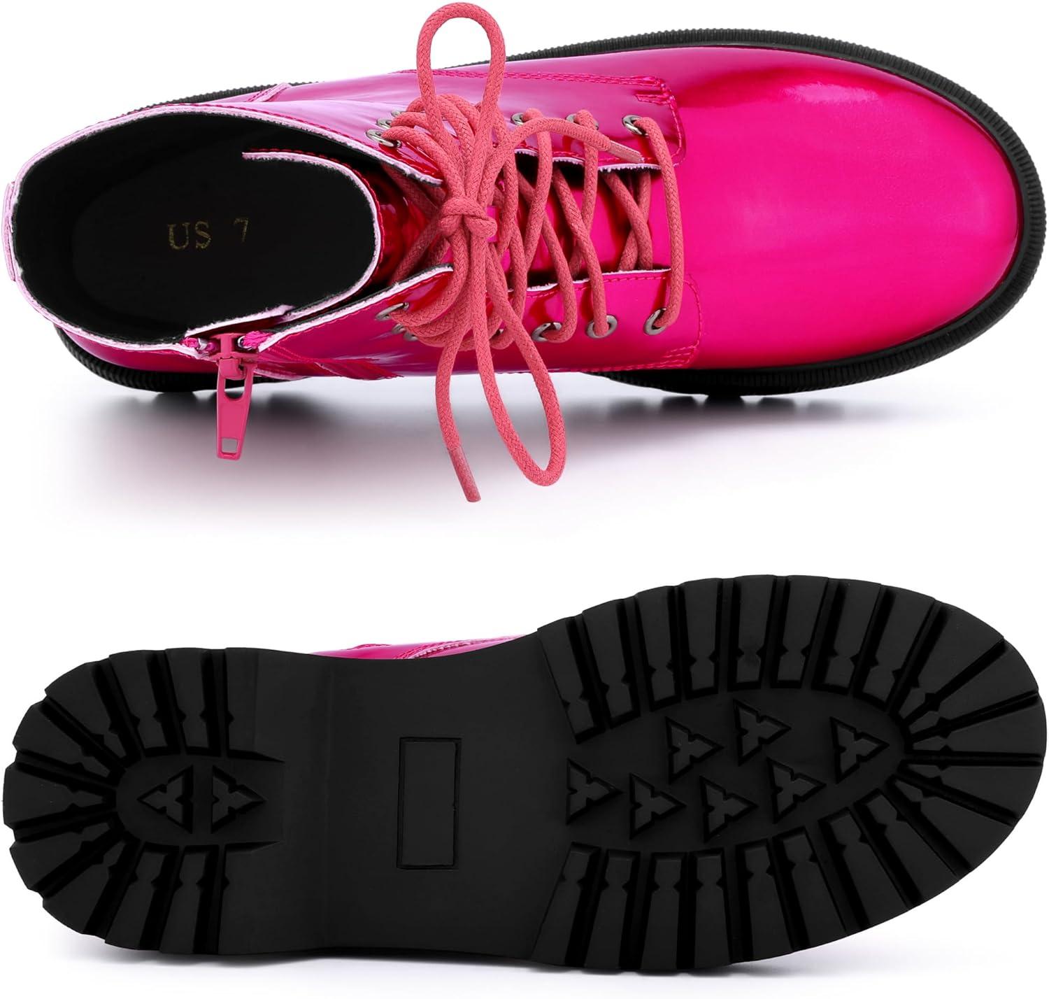 imageAllegra K Womens Round Toe Platform Lace Up Colorful Combat Ankle BootsHot Pink