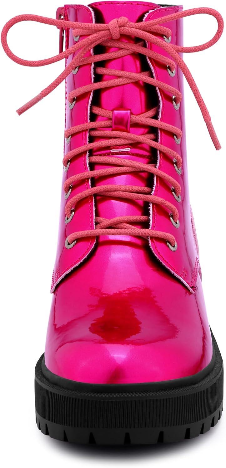 imageAllegra K Womens Round Toe Platform Lace Up Colorful Combat Ankle BootsHot Pink