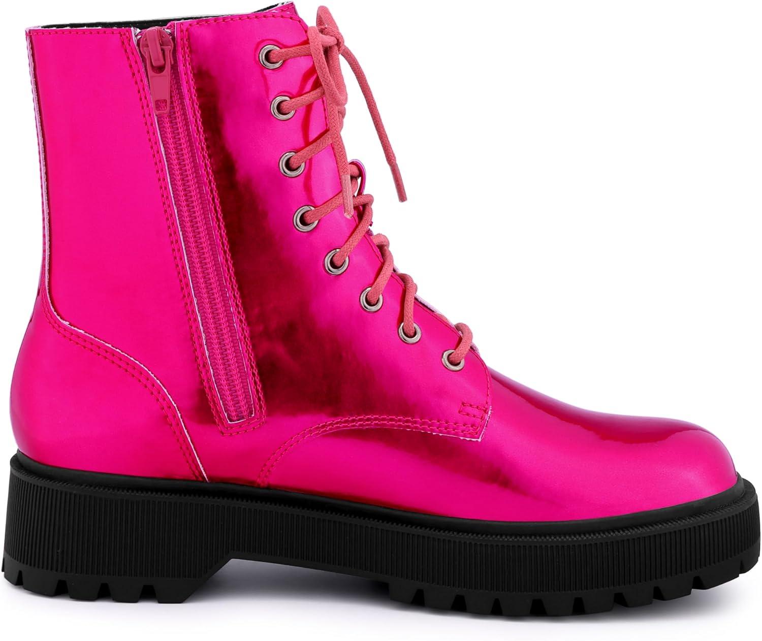 imageAllegra K Womens Round Toe Platform Lace Up Colorful Combat Ankle BootsHot Pink