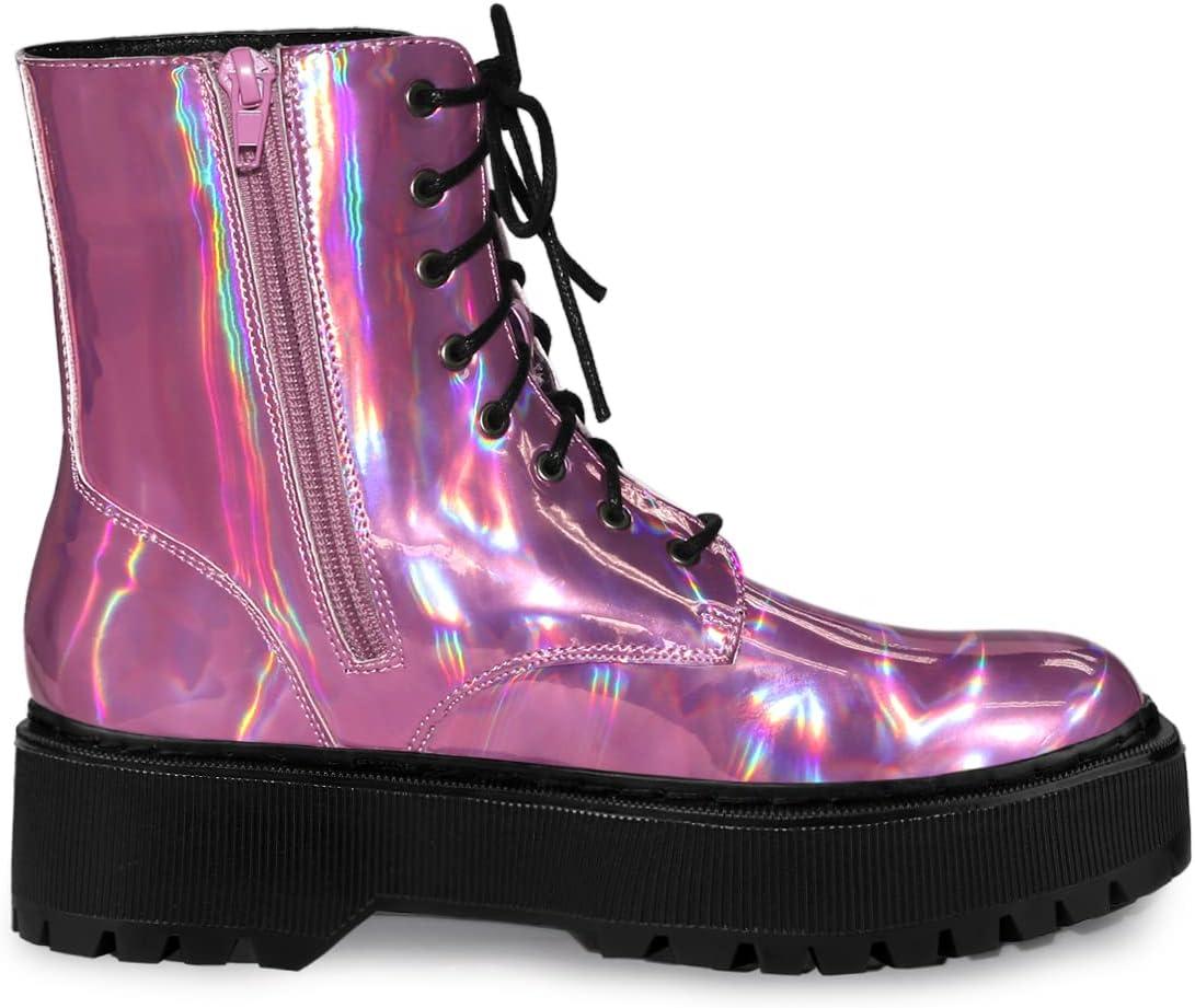 imageAllegra K Womens Round Toe Platform Lace Up Colorful Combat Ankle BootsPink