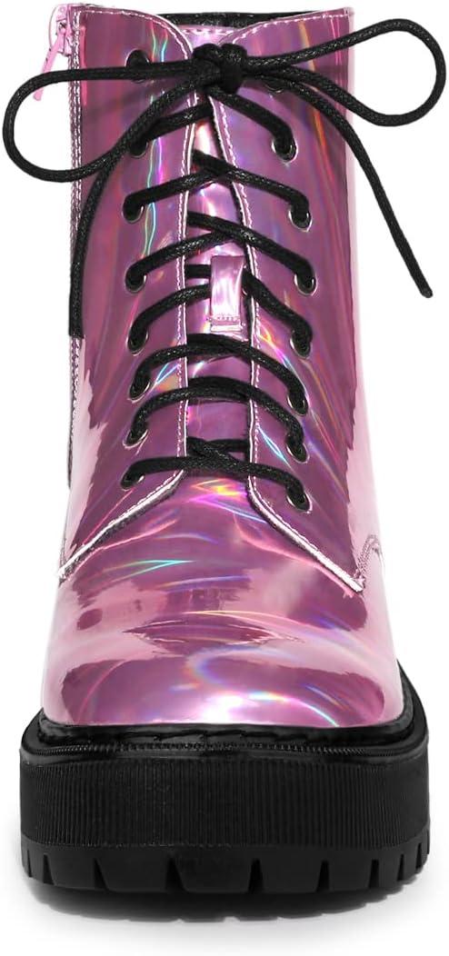 imageAllegra K Womens Round Toe Platform Lace Up Colorful Combat Ankle BootsPink
