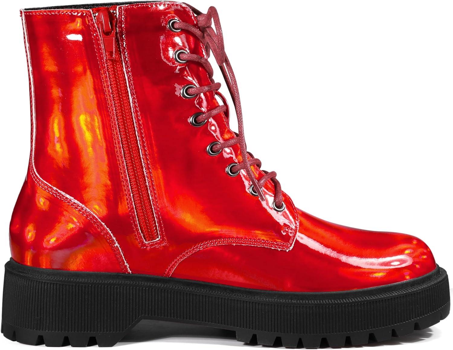 imageAllegra K Womens Round Toe Platform Lace Up Colorful Combat Ankle BootsRed