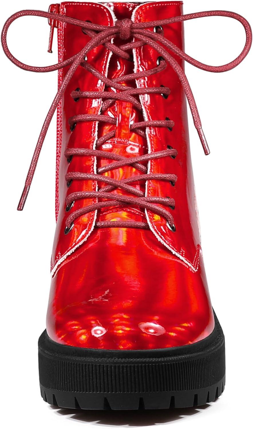 imageAllegra K Womens Round Toe Platform Lace Up Colorful Combat Ankle BootsRed