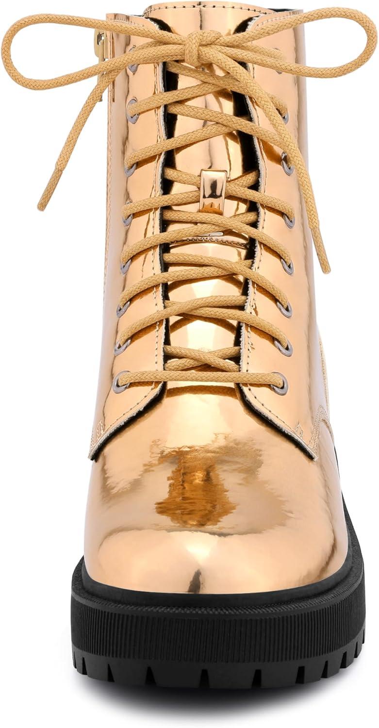 imageAllegra K Womens Round Toe Platform Lace Up Colorful Combat Ankle BootsRose Gold