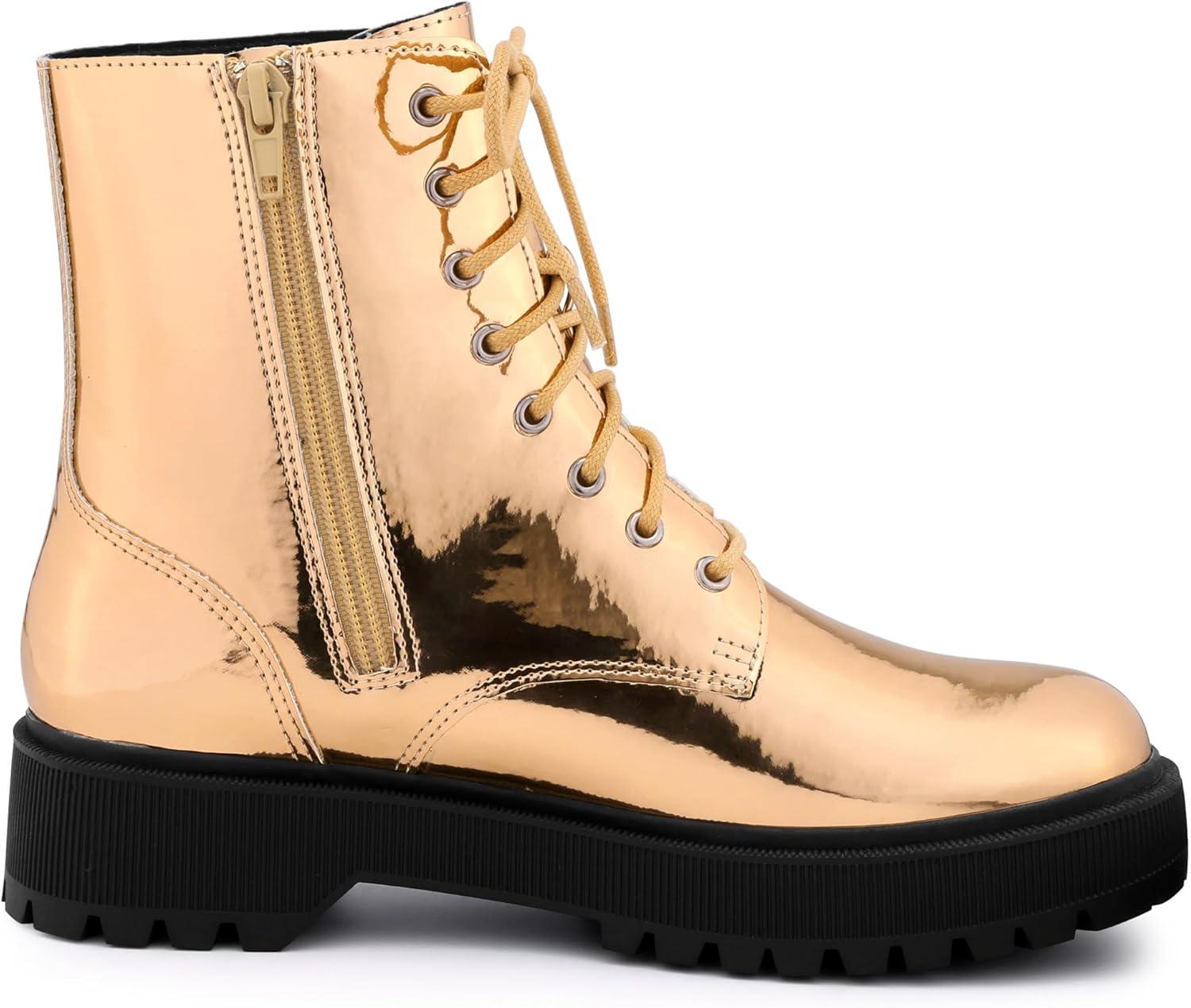 imageAllegra K Womens Round Toe Platform Lace Up Colorful Combat Ankle BootsRose Gold