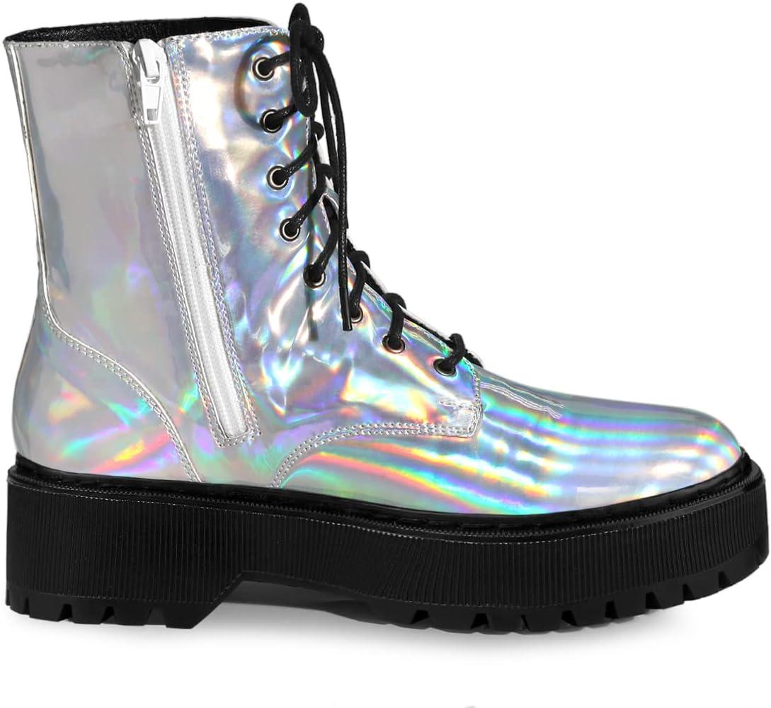 imageAllegra K Womens Round Toe Platform Lace Up Colorful Combat Ankle BootsSilver