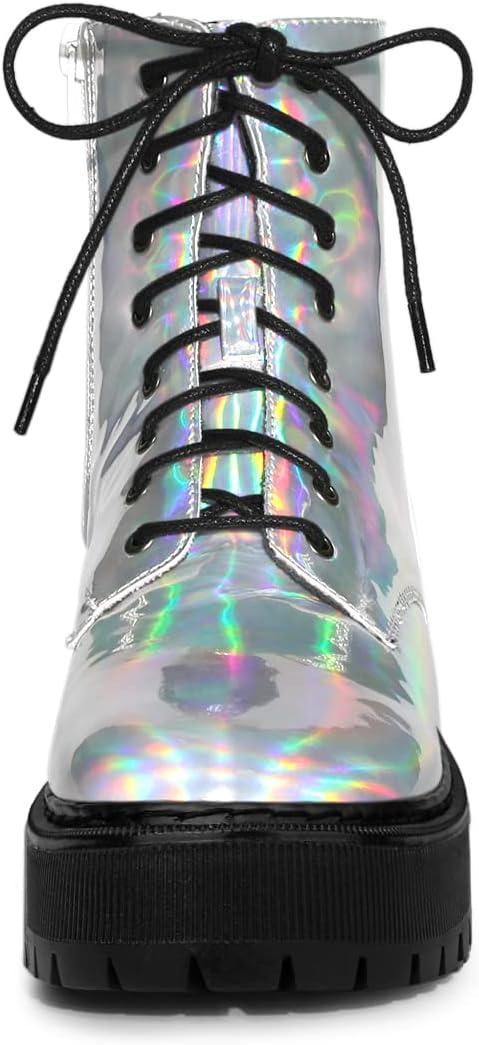 imageAllegra K Womens Round Toe Platform Lace Up Colorful Combat Ankle BootsSilver