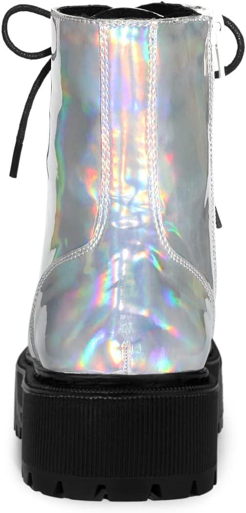 imageAllegra K Womens Round Toe Platform Lace Up Colorful Combat Ankle BootsSilver