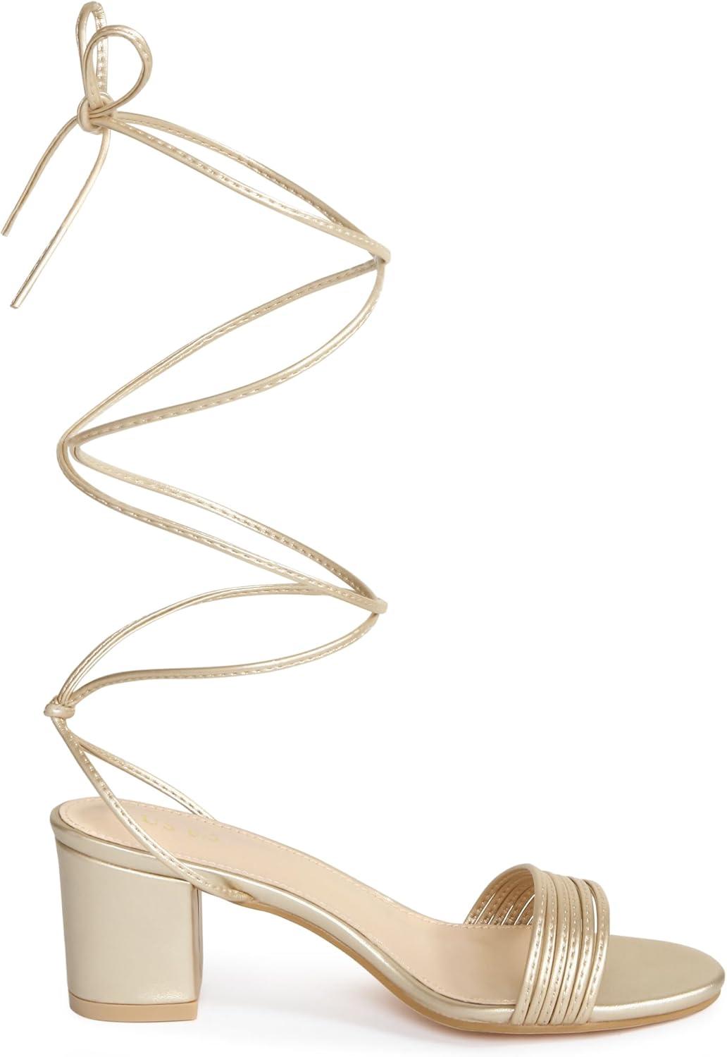 imageAllegra K Womens Sparkle Strappy Lace Up Block Heels SandalsGold