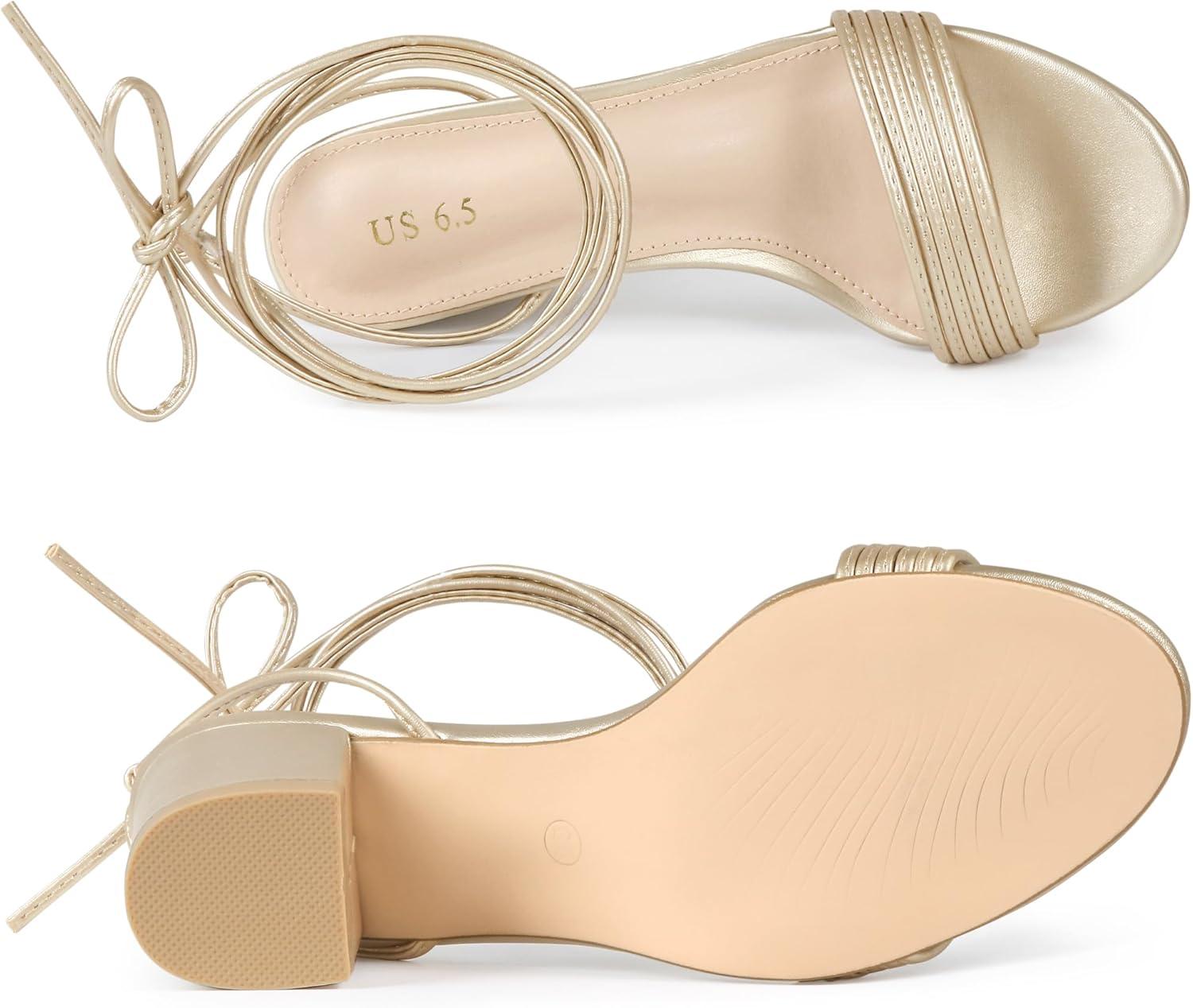 imageAllegra K Womens Sparkle Strappy Lace Up Block Heels SandalsGold