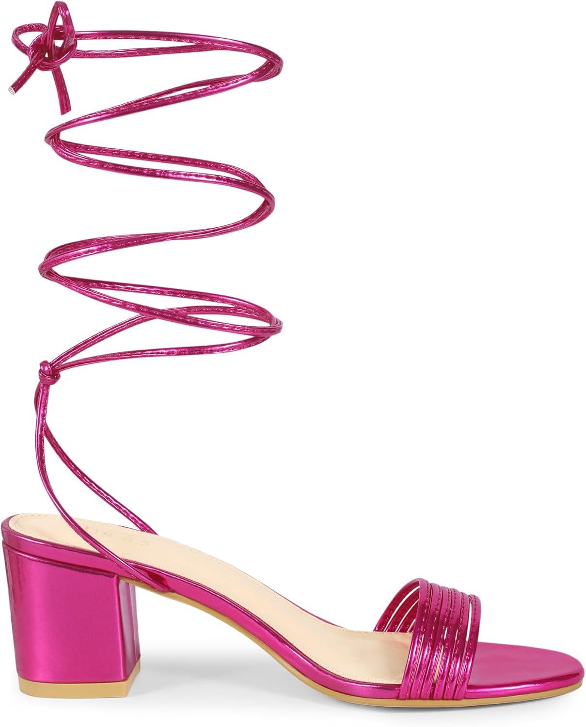 imageAllegra K Womens Sparkle Strappy Lace Up Block Heels SandalsHot Pink
