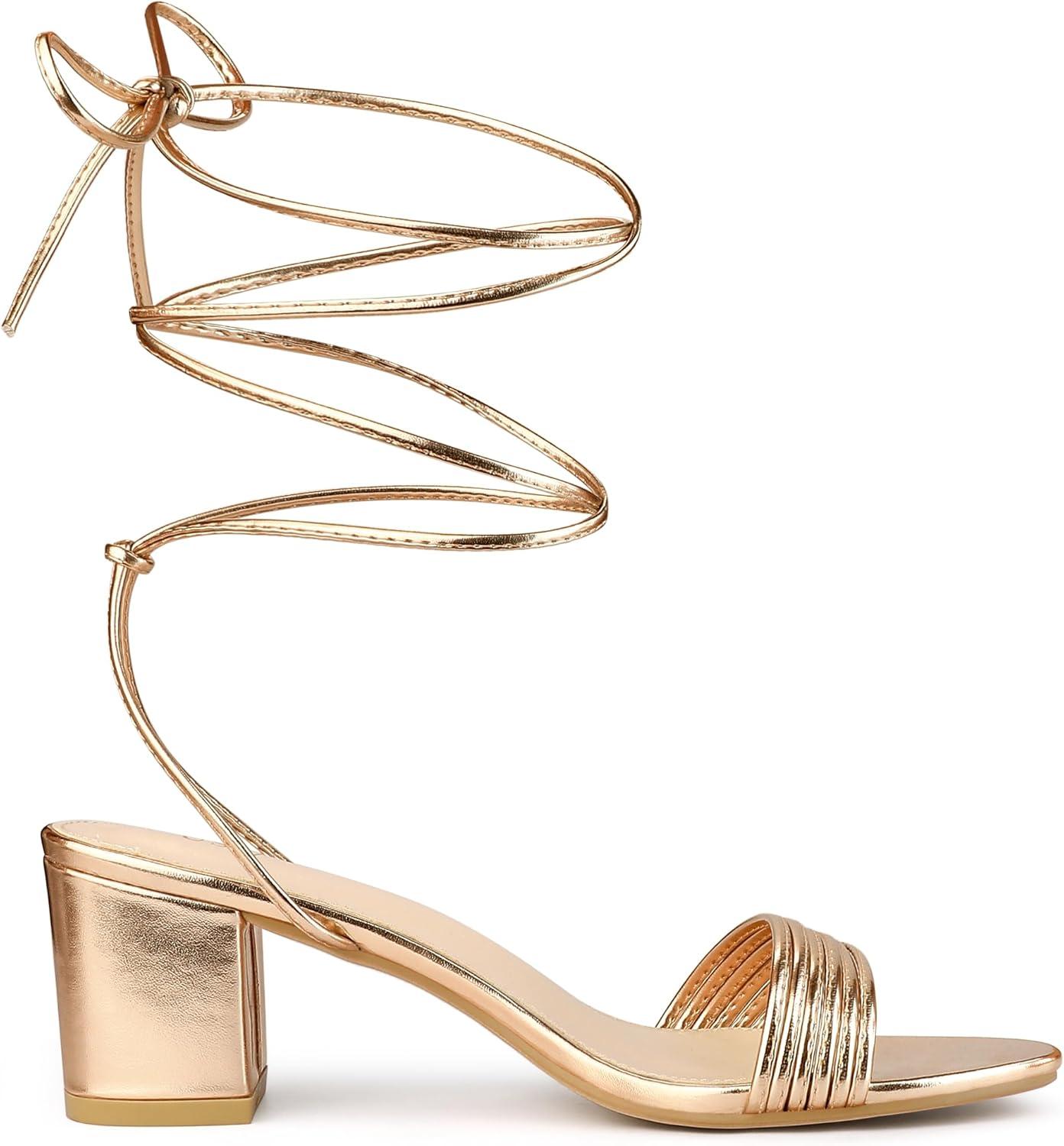 imageAllegra K Womens Sparkle Strappy Lace Up Block Heels SandalsRose Gold