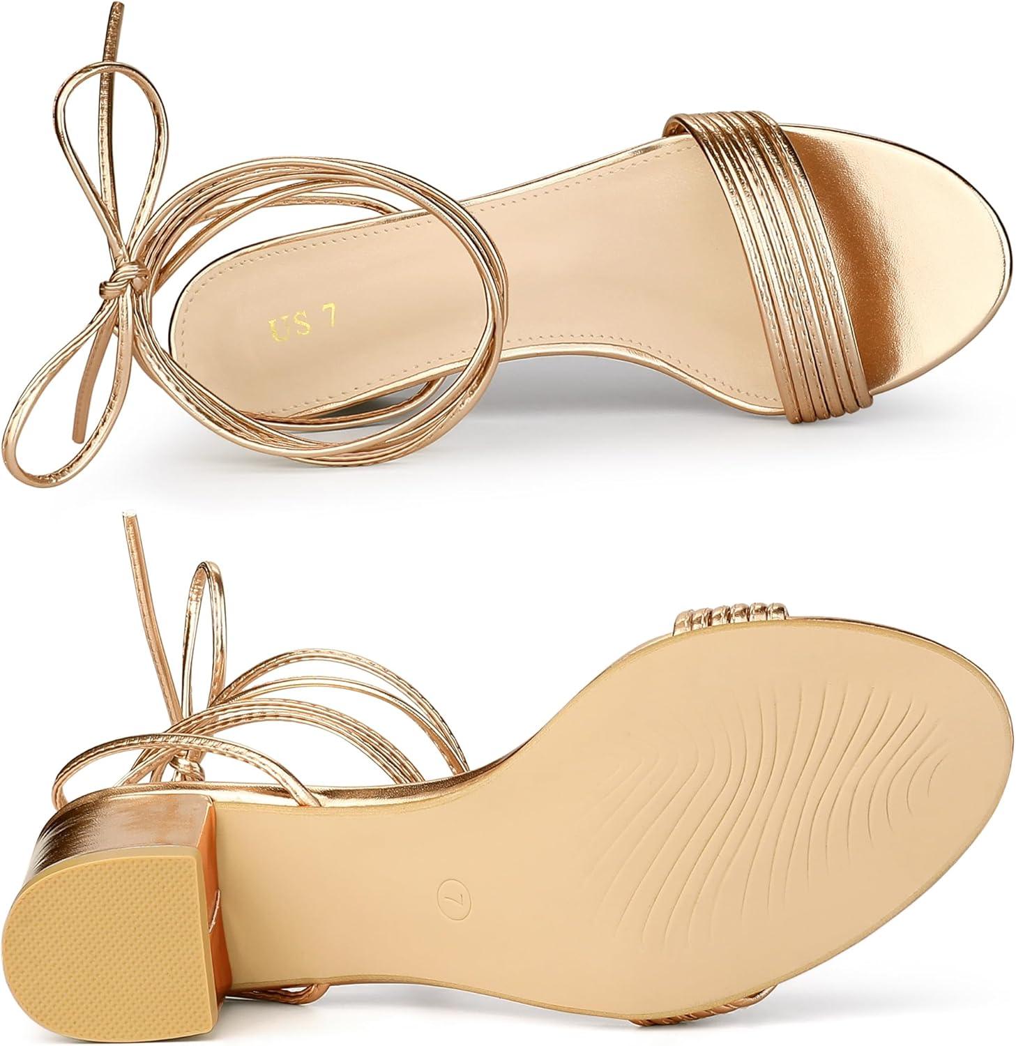 imageAllegra K Womens Sparkle Strappy Lace Up Block Heels SandalsRose Gold