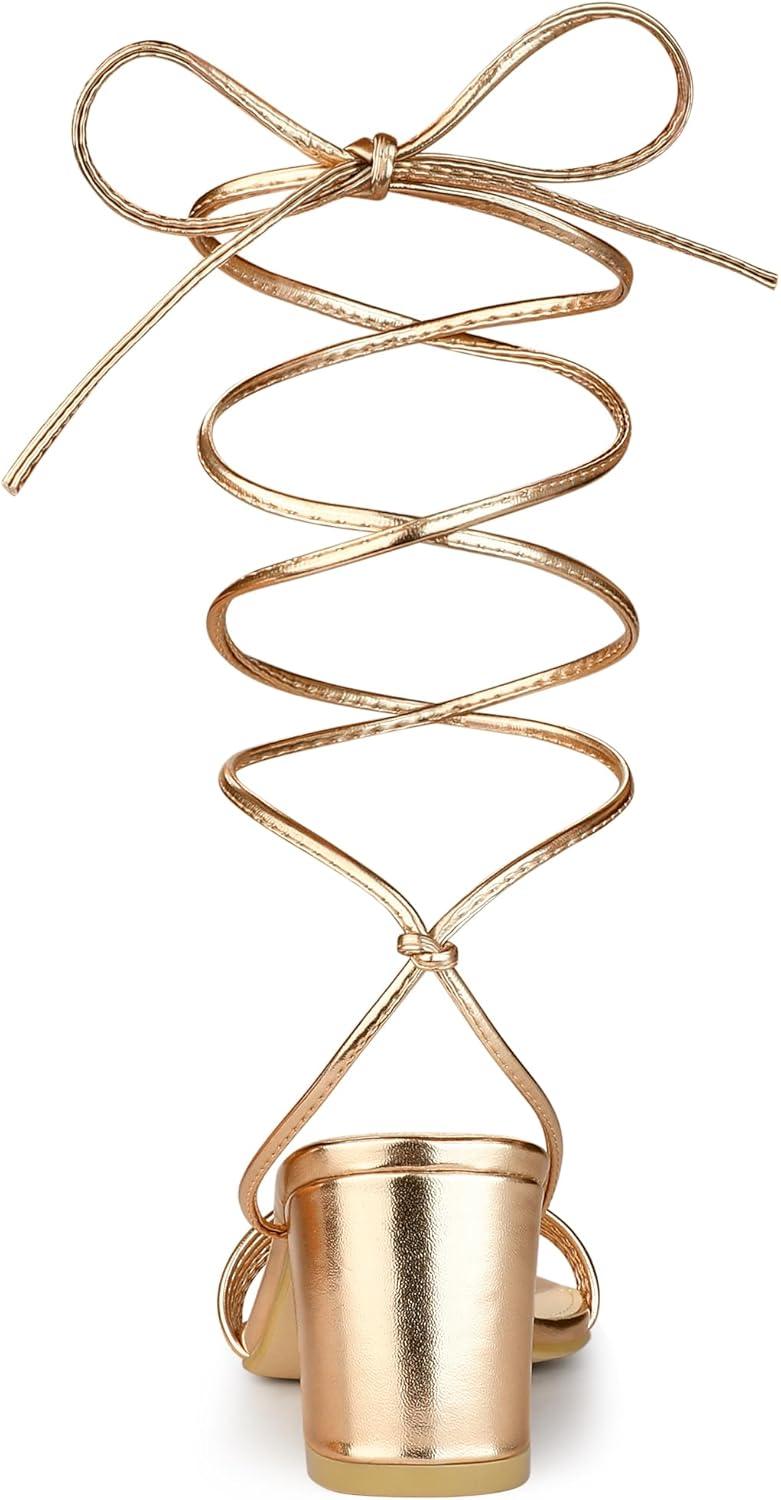 imageAllegra K Womens Sparkle Strappy Lace Up Block Heels SandalsRose Gold