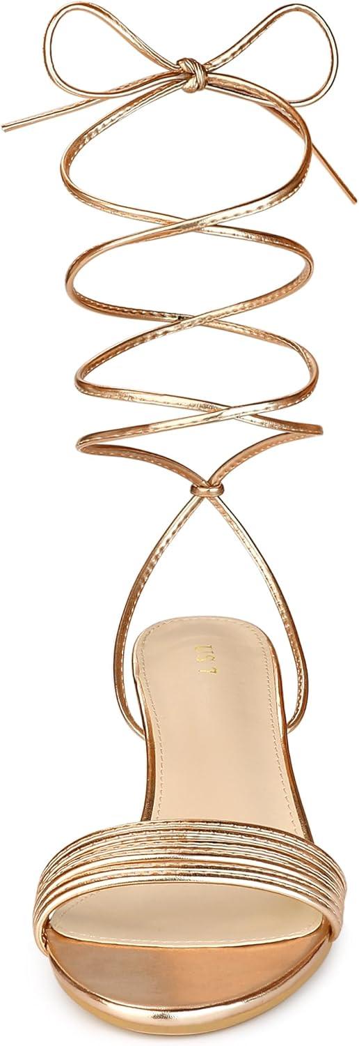 imageAllegra K Womens Sparkle Strappy Lace Up Block Heels SandalsRose Gold