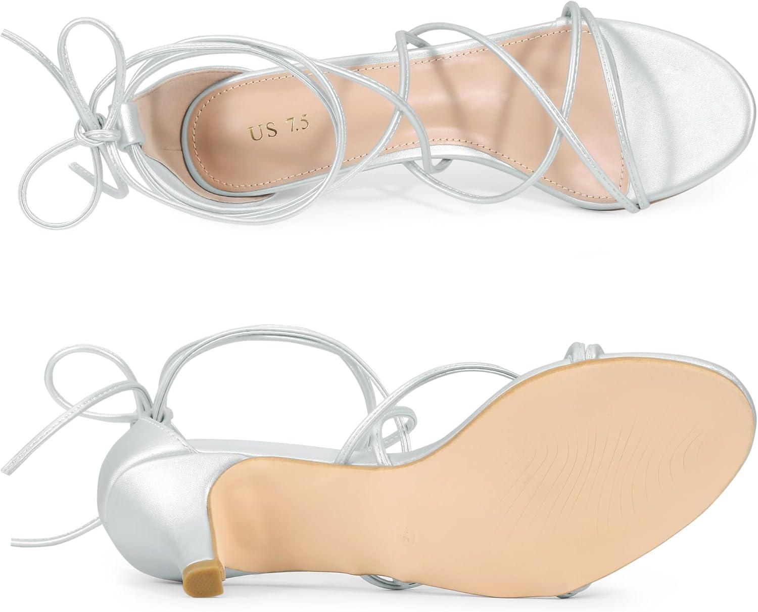 imageAllegra K Womens Strappy Kitten Heel Lace Up SandalsSilver
