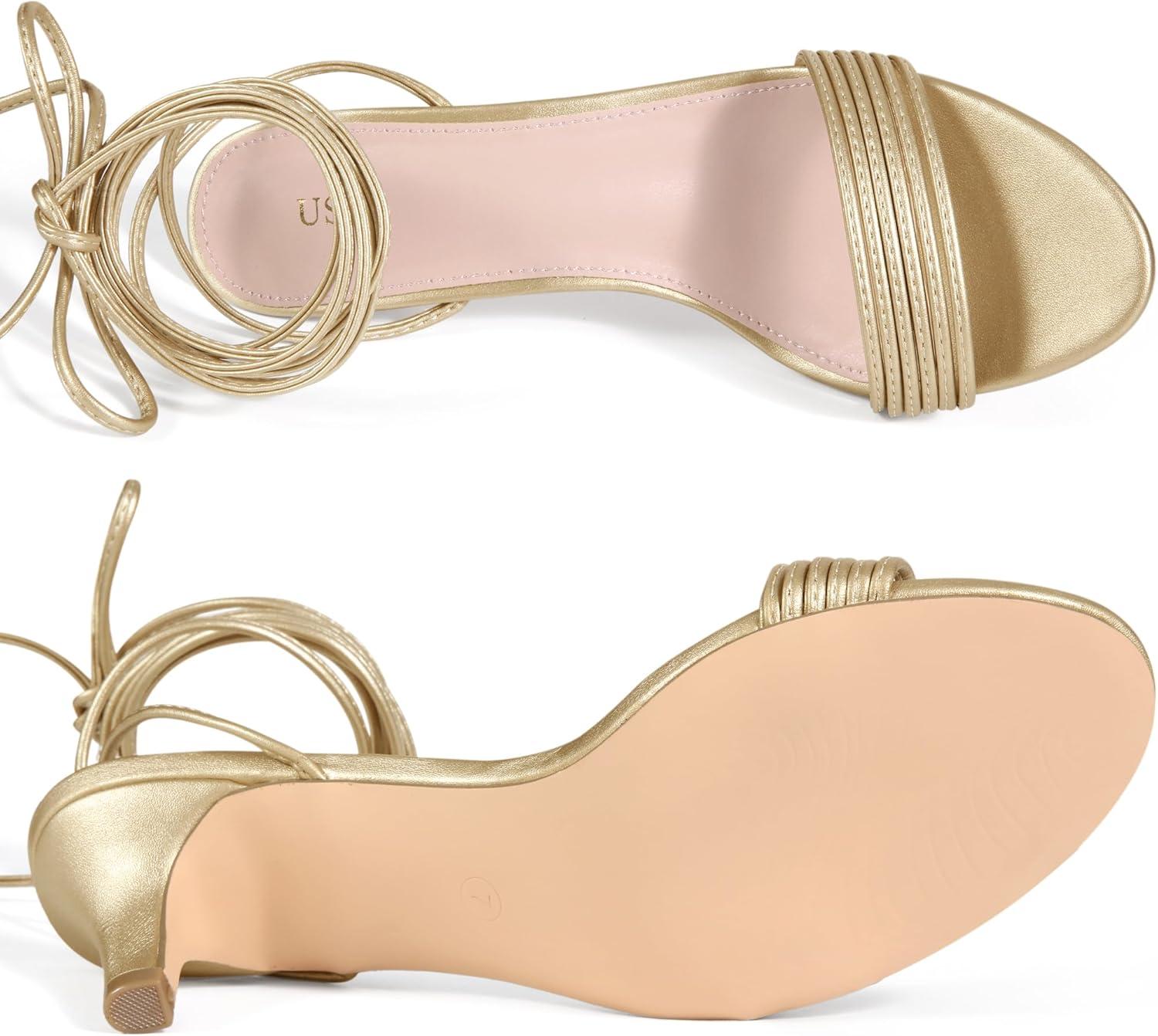 imageAllegra K Womens Strappy Lace Up Kitten Heels SandalGold