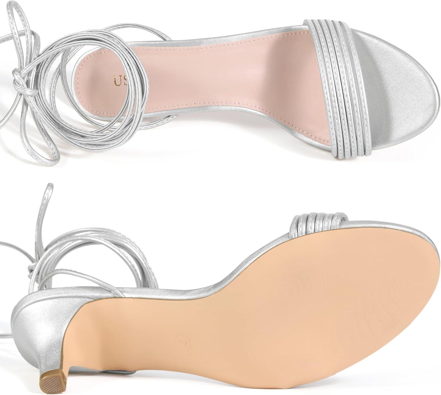 imageAllegra K Womens Strappy Lace Up Kitten Heels SandalSilver