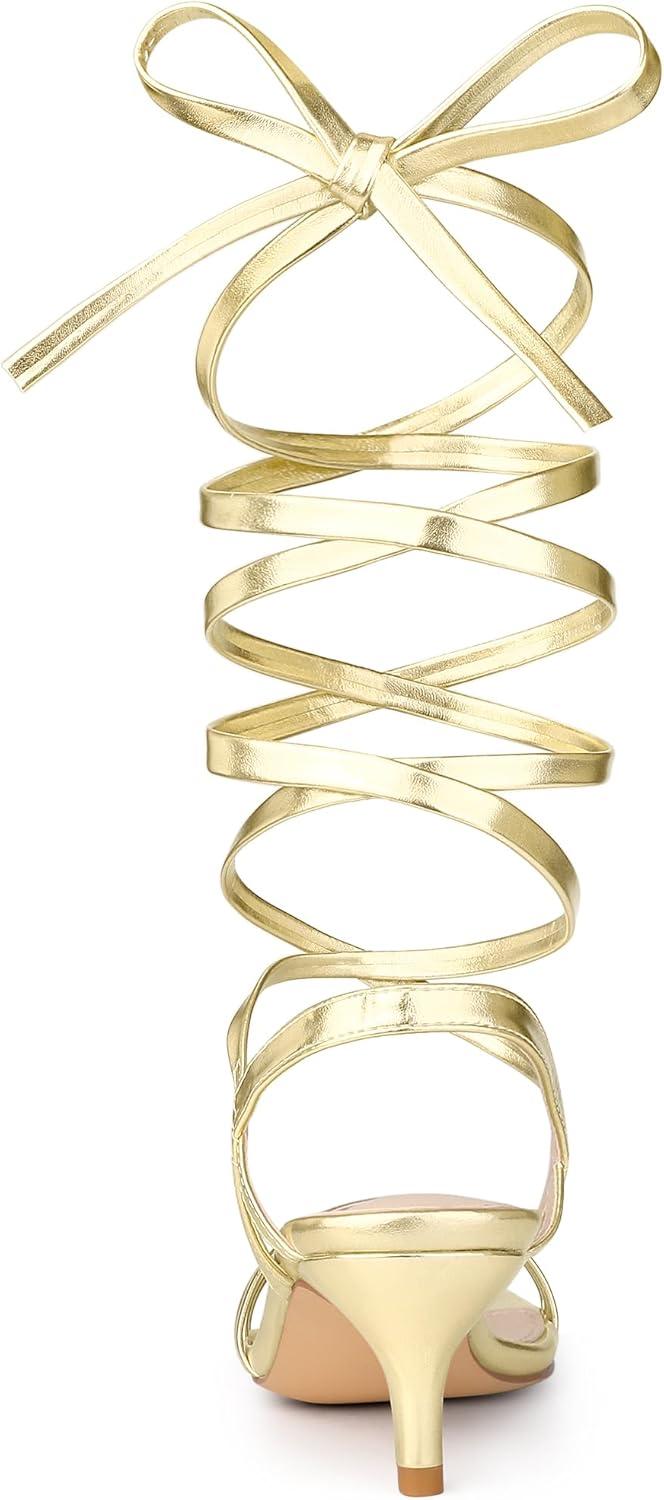 imageAllegra K Womens Strappy Lace Up Slingback Kitten Heel SandalsGold