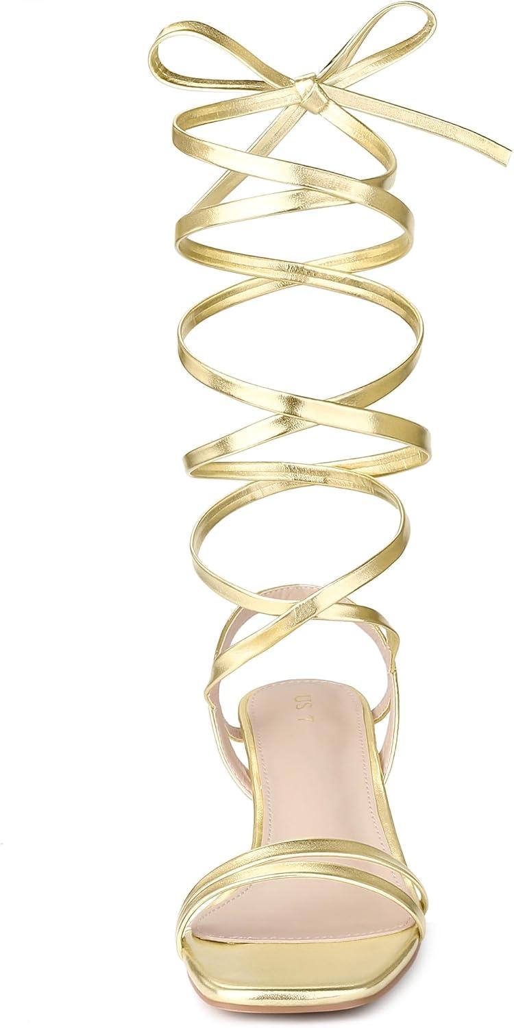 imageAllegra K Womens Strappy Lace Up Slingback Kitten Heel SandalsGold