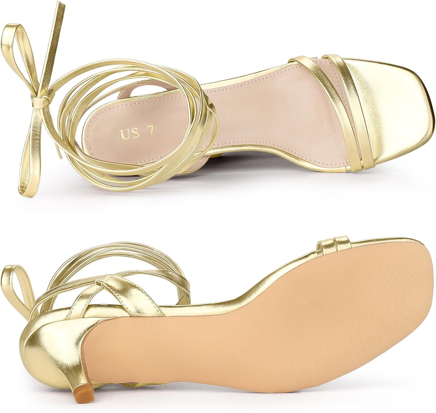 imageAllegra K Womens Strappy Lace Up Slingback Kitten Heel SandalsGold