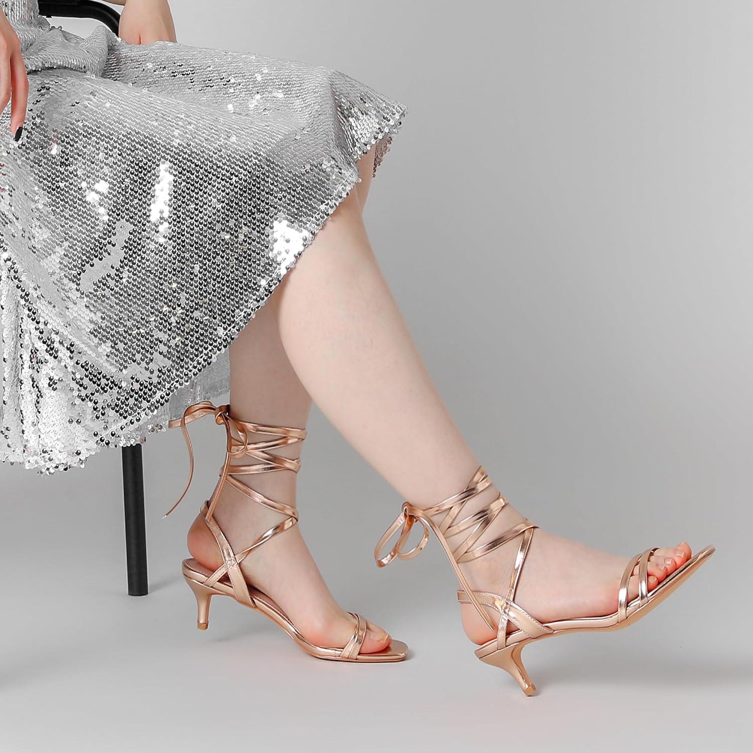 imageAllegra K Womens Strappy Lace Up Slingback Kitten Heel SandalsRose Gold