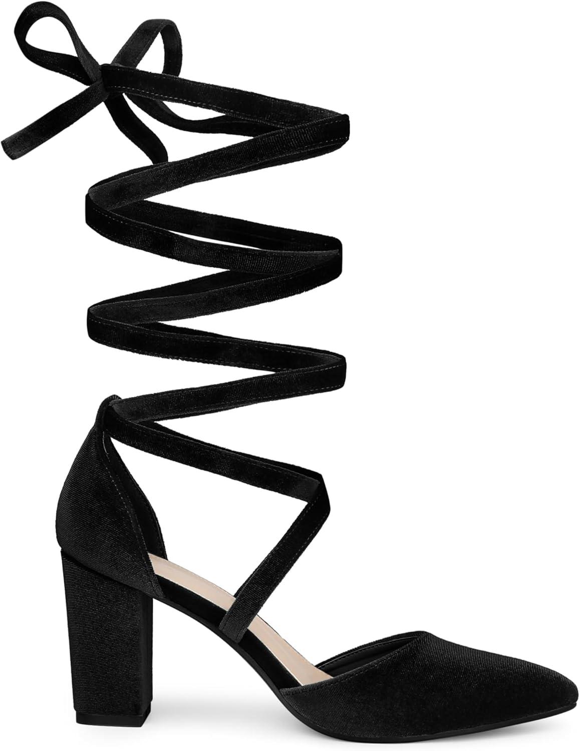 imageAllegra K Womens Velvet Lace Up Chunky Heels Pointed Toe PumpsBlack