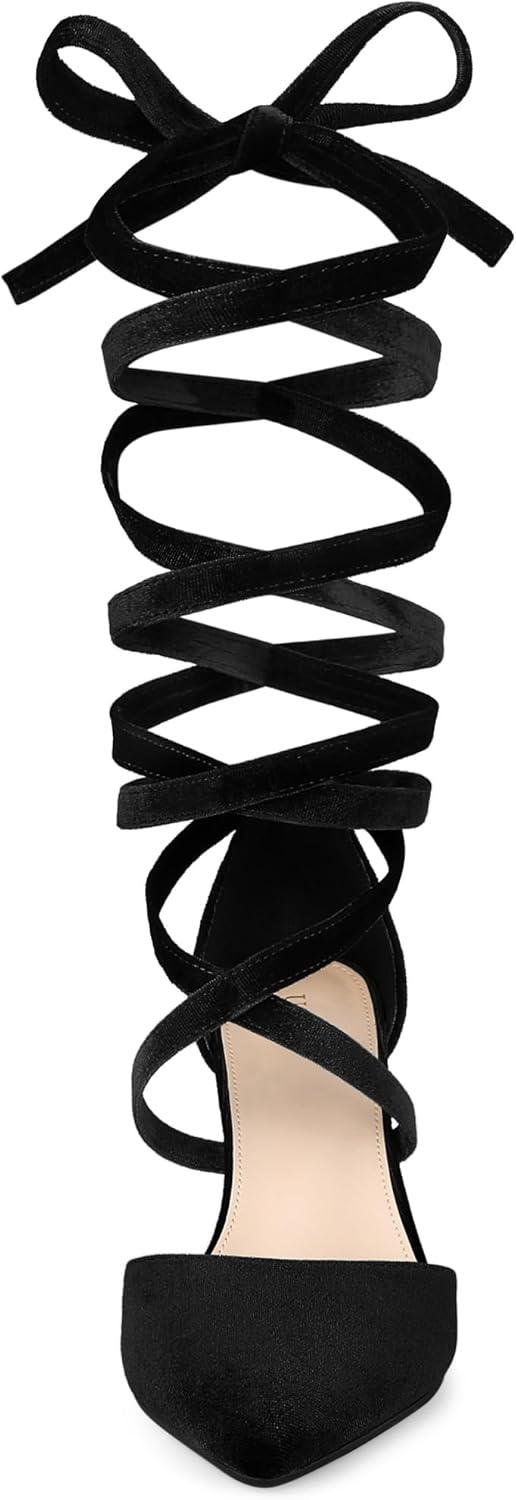imageAllegra K Womens Velvet Lace Up Chunky Heels Pointed Toe PumpsBlack